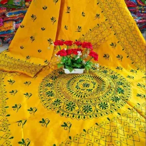 Traditional Authentic Handwoven Kantha Stitch Raw Silk Saree with Blouse Piece | Handcrafted Kantha Work Saree