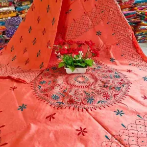 Traditional Authentic Handwoven Kantha Stitch Raw Silk Saree with Blouse Piece | Handcrafted Kantha Work Saree