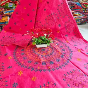 Traditional Authentic Handwoven Kantha Stitch Raw Silk Saree with Blouse Piece | Handcrafted Kantha Work Saree