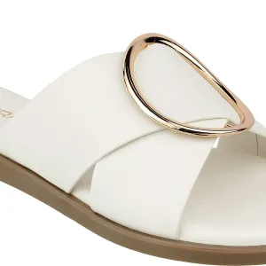 Women’s Soft Flat Sandals | Slip-On Mules with Broad Cross Strap & Gold Buckle