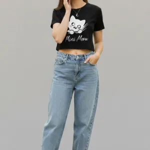 CAT GRAPHIC PRINTED CROP TEE