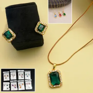 Stone Pendant Necklace Chain Set with Matching Earrings