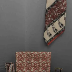 Red Floral Block Print Unstitched Cotton...