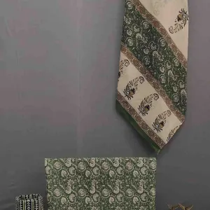 Green Hand Block Print Unstitched Pure Cotton Suit Set- Winnxi