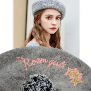 Woolen Beret Cap with Pom-Pom for Women