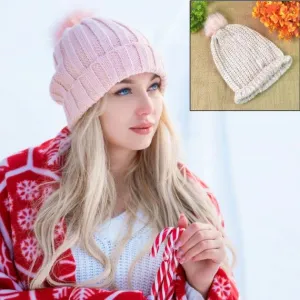 Women’s Winter Knit Beanie with Faux Fur Pom-Pom