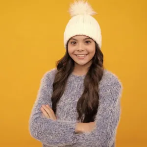 Heart Print Knit Beanie with Pom-Pom