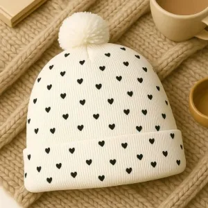 Heart Print Knit Beanie with Pom-Pom
