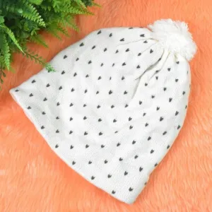 Heart Print Knit Beanie with Pom-Pom