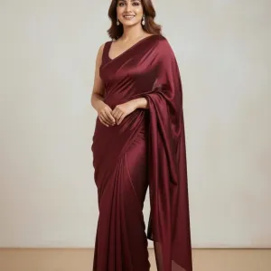 Pure Plain Satin Silk Saree with Matching Blouse Piece