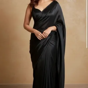 Pure Plain Satin Silk Saree with Matchin...