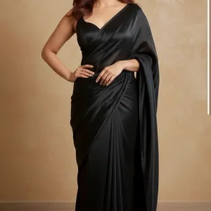 Pure Plain Satin Silk Saree with Matching Blouse Piece