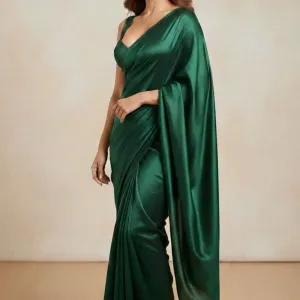 Pure Plain Satin Silk Saree with Matchin...