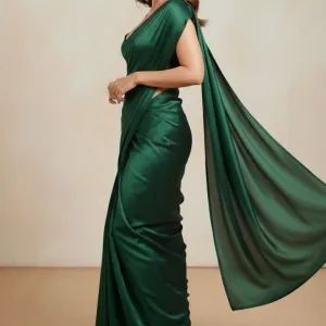 Pure Plain Satin Silk Saree with Matching Blouse Piece