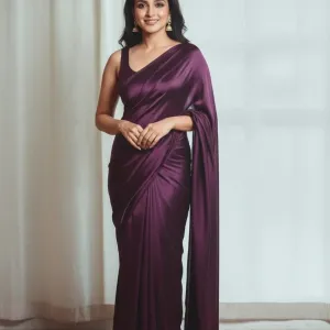 Pure Plain Satin Silk Saree with Matchin...