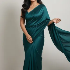 Pure Plain Satin Silk Saree with Matchin...