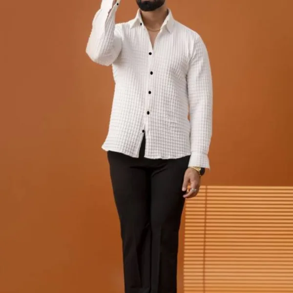 BLUECORP ENTERPRISE Men's White Textured Cotton Shirt, Quilted Pattern, Button-Down Collar, Full Sleeves