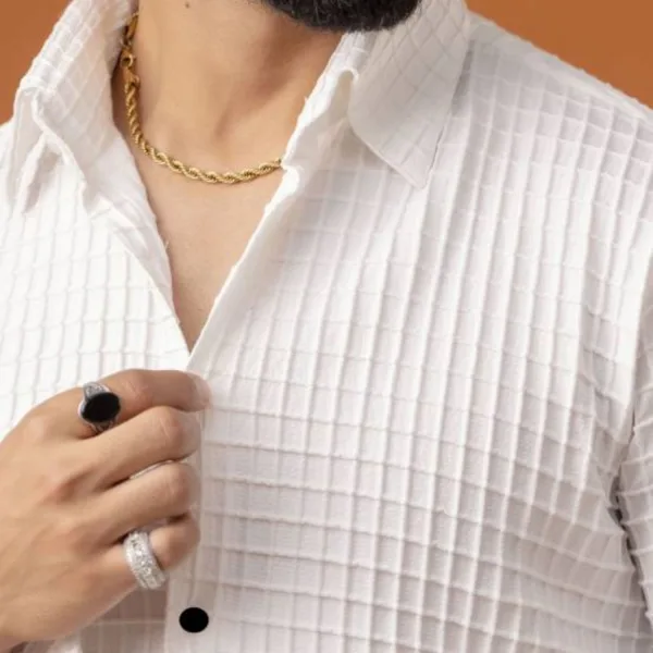 BLUECORP ENTERPRISE Men's White Textured Cotton Shirt, Quilted Pattern, Button-Down Collar, Full Sleeves