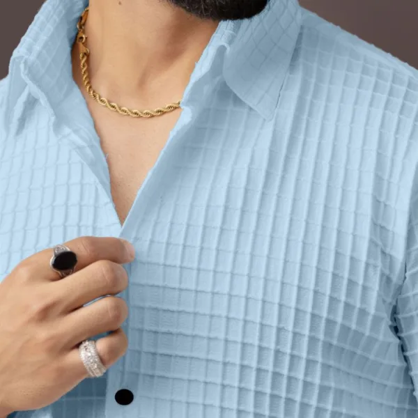 BLUECORP ENTERPRISE Men's Textured Cotton Button-Down Shirt, Sky Blue, Long Sleeve, Quilted Pattern