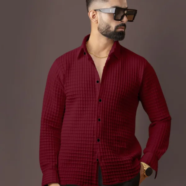 BLUECORP ENTERPRISE Men's Burgundy Quilted Button-Down Shirt, Long Sleeve, Maroon Textured Cotton