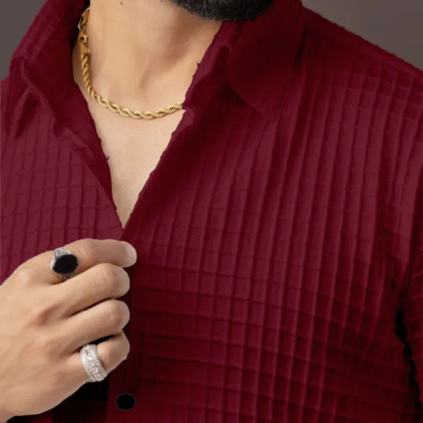 BLUECORP ENTERPRISE Men's Burgundy Quilted Button-Down Shirt, Long Sleeve, Maroon Textured Cotton