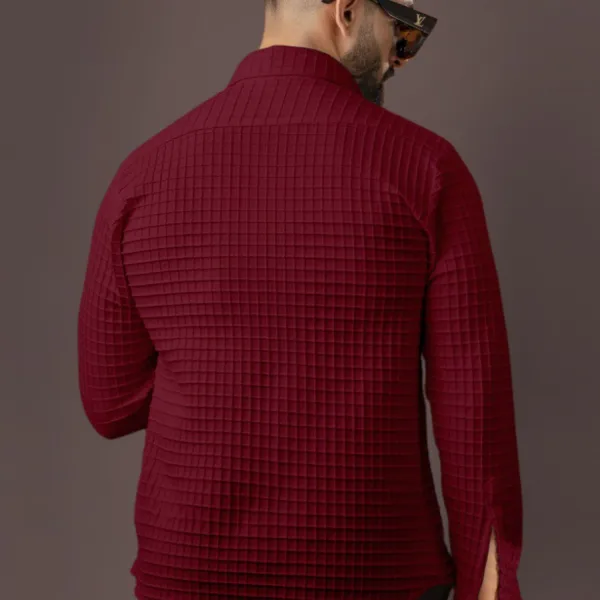 BLUECORP ENTERPRISE Men's Burgundy Quilted Button-Down Shirt, Long Sleeve, Maroon Textured Cotton