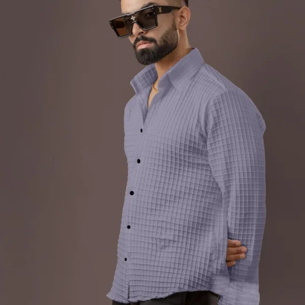 BLUECORP ENTERPRISE Men's Textured Cotton Shirt, Grey, Button-Down Collar, Long Sleeve