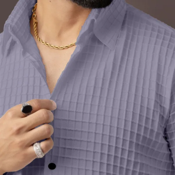 BLUECORP ENTERPRISE Men's Textured Cotton Shirt, Grey, Button-Down Collar, Long Sleeve