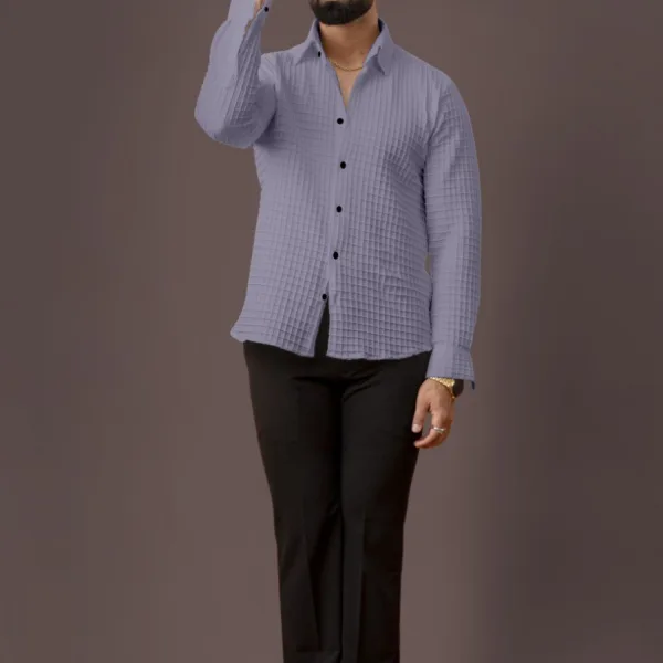 BLUECORP ENTERPRISE Men's Textured Cotton Shirt, Grey, Button-Down Collar, Long Sleeve