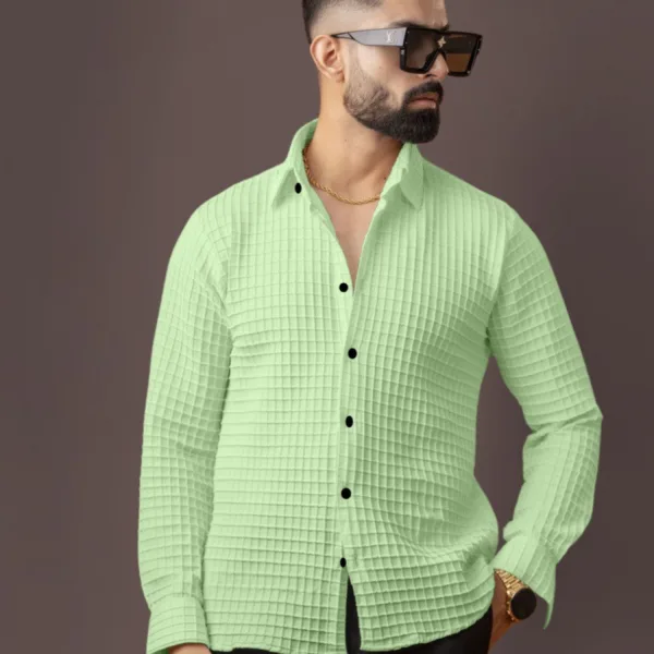 BLUECORP ENTERPRISE Men's Textured Cotton Shirt, Mint Green, Long Sleeve, Button-Down Collar