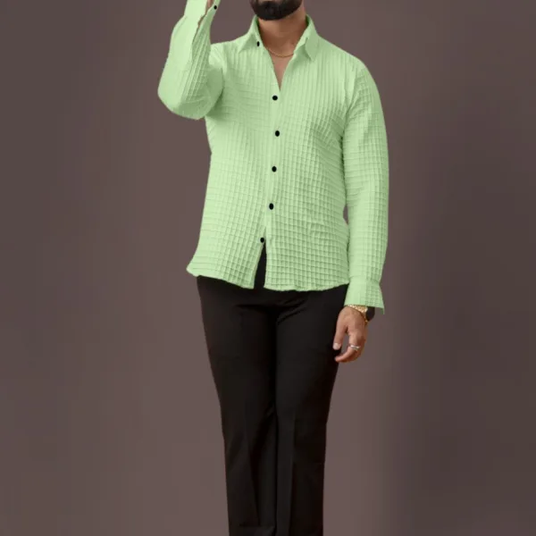 BLUECORP ENTERPRISE Men's Textured Cotton Shirt, Mint Green, Long Sleeve, Button-Down Collar