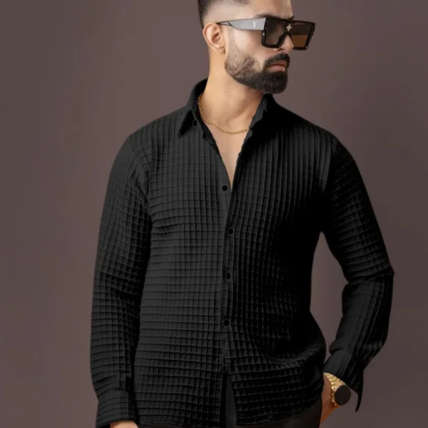 BLUECORP ENTERPRISE Men's Black Quilted Button-Down Shirt, Long Sleeve, Textured Cotton