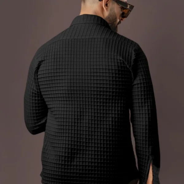 BLUECORP ENTERPRISE Men's Black Quilted Button-Down Shirt, Long Sleeve, Textured Cotton