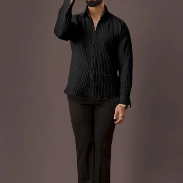 BLUECORP ENTERPRISE Men's Black Quilted Button-Down Shirt, Long Sleeve, Textured Cotton