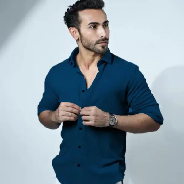 Men's Casual Slim Fit Textured Navy Blue Shirt – Full Sleeve, Button-Down