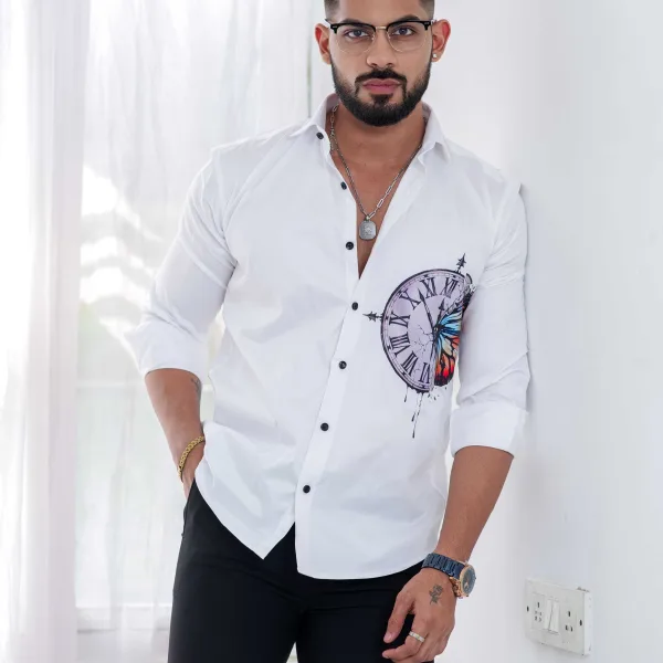 Bluecorp Enterprise Men Cotton Regular Fit Clock Printed Casual Shirt