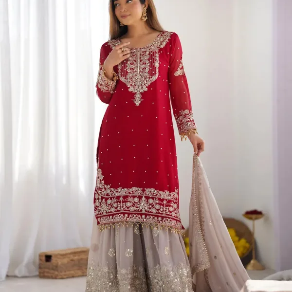 New Red Georgette Sharara Suit Ethnic Wear Elegant Design