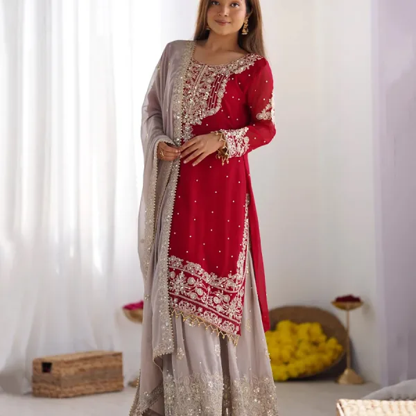 New Red Georgette Sharara Suit Ethnic Wear Elegant Design