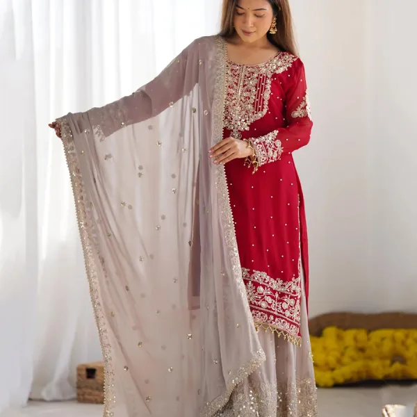 New Red Georgette Sharara Suit Ethnic Wear Elegant Design