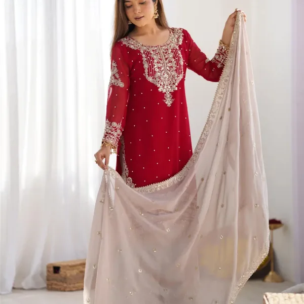 New Red Georgette Sharara Suit Ethnic Wear Elegant Design