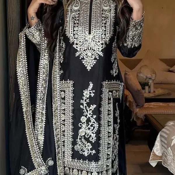designer black chinon pakistani straight suit for women