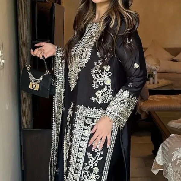 designer black chinon pakistani straight suit for women