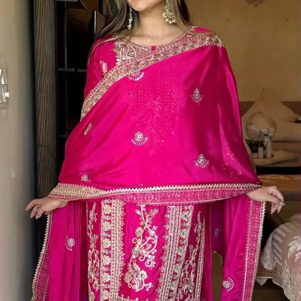 designer pink chinon pakistani straight suit for women