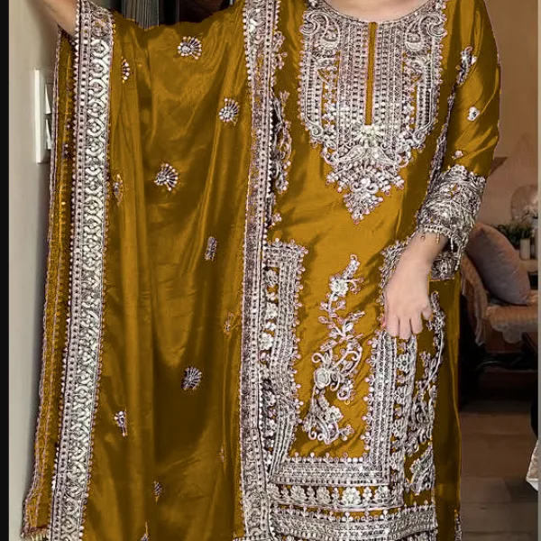 designer yellow chinon pakistani straight suit for women