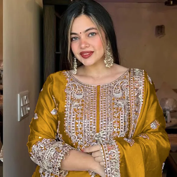 designer yellow chinon pakistani straight suit for women