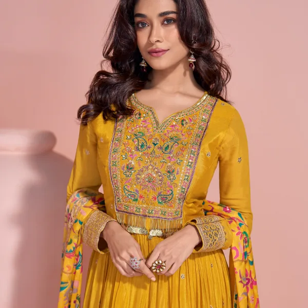 Yellow Chinon Anarkali Summer Special Party Wear