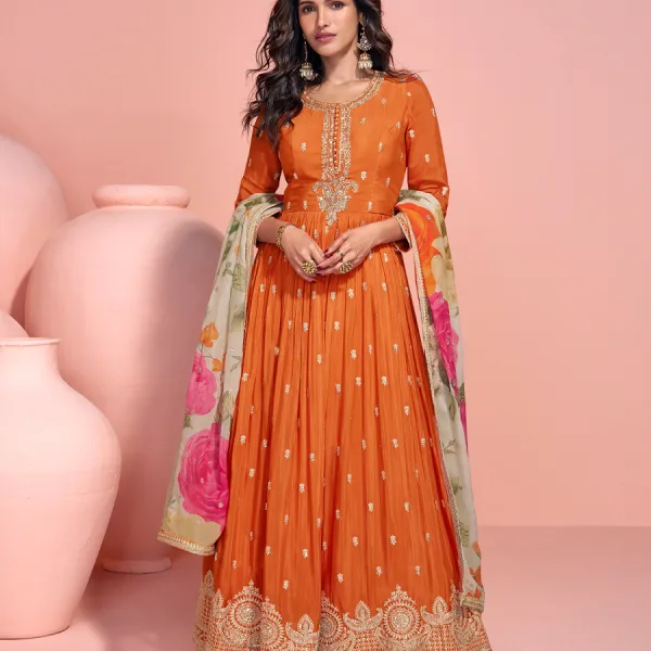 Orange Chinon Anarkali Summer Special Ethnic Look