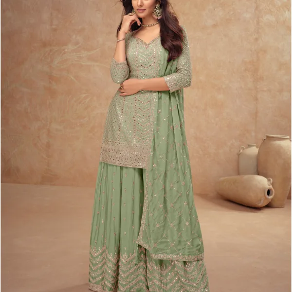Mint Green Chinon Palazzo Set Trendy Designer Ethnic Wear