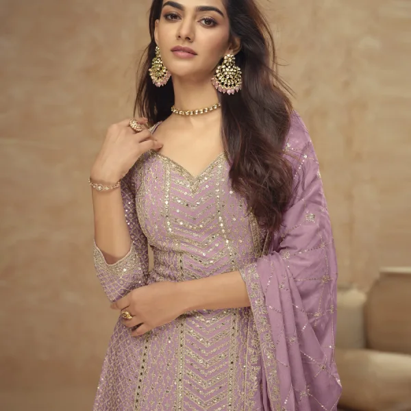 Pink Chinon Palazzo Set Ethnic Fashion Suit for Women