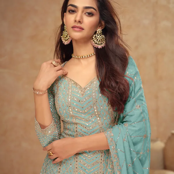 Sky Blue Chinon Palazzo Set Designer Outfit for Women